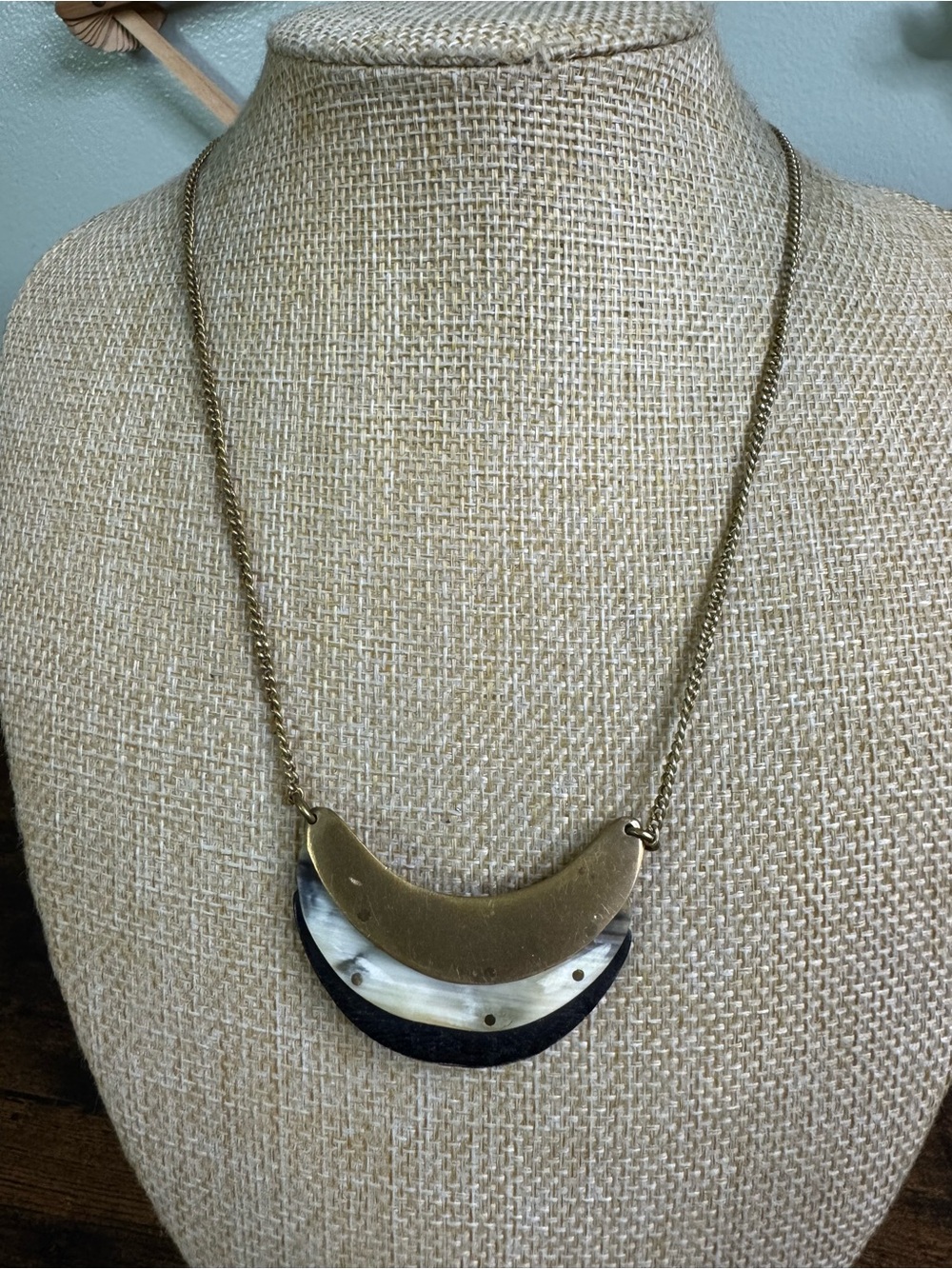 Vintage Gold, Black and Mother-of-Pearl Layered Crescent Necklace